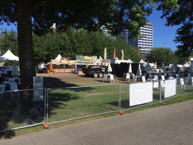 Part of the set up for The Bite at Waterfront Park. The turf hasn't had a chance to recover from the previous events.